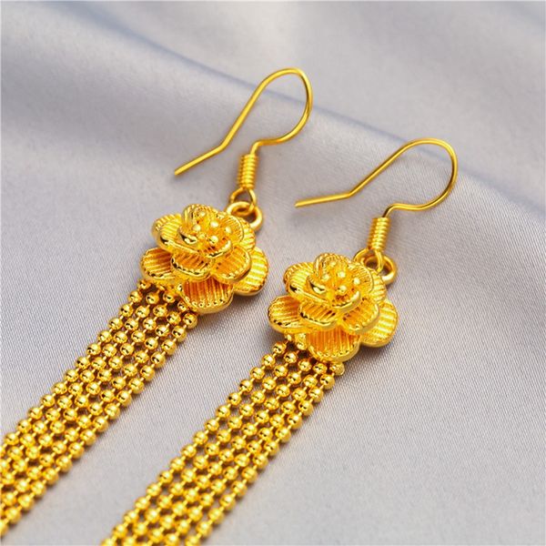18k yellow gold filled dangle earrings with floral beads and tassels, a lovely jewelry gift for women and girls