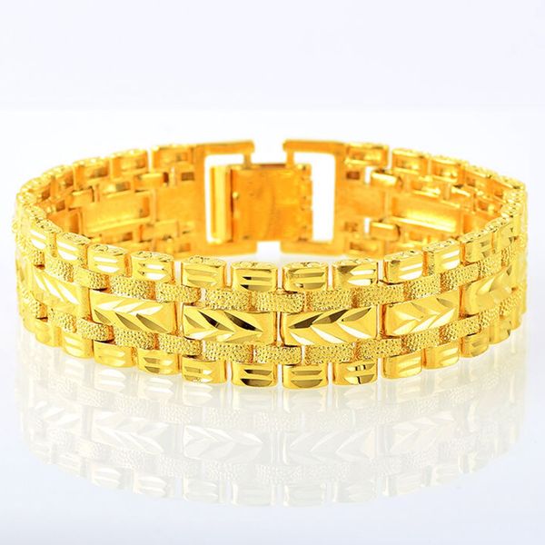 18k yellow gold filled men's fashion bracelet with solid link chain, 15mm wide