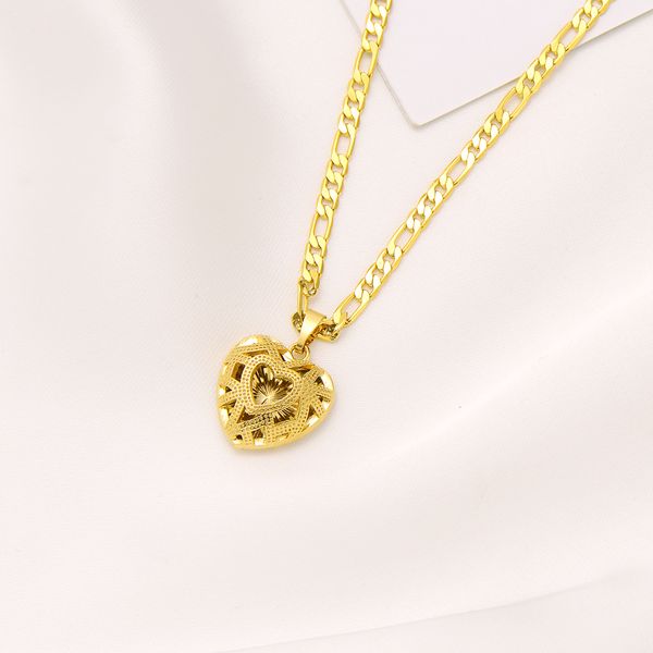 18k yellow gold GF women's necklace with heart pendant and Italian Figaro chain, 24