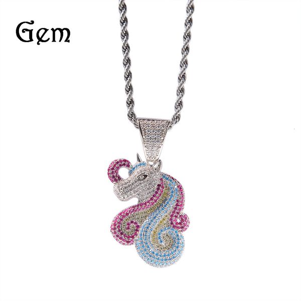 18k Zircon Row Diamond Jewelry Hip Hop Cartoon Unicorn Pendant Necklace