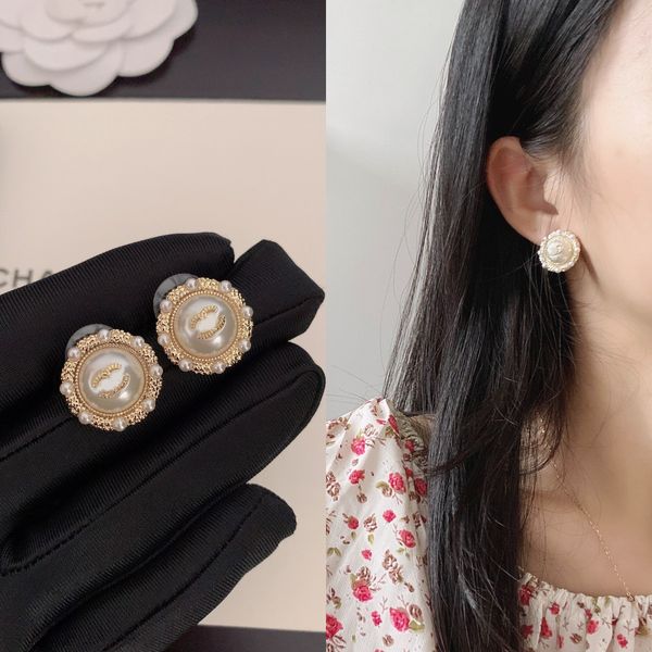 19K gold designer letter stud earrings with pearls and crystals, featuring a geometric design for luxurious women's fashion, perfect for weddings and parties