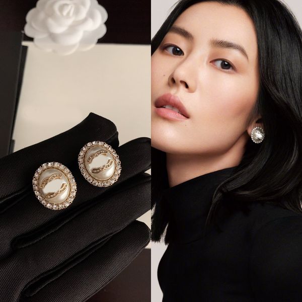 19K gold designer letter stud earrings with pearls, crystals, and geometric luxury for women, perfect for weddings and parties
