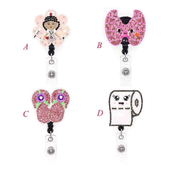 1pc/5pcs/10pcs Adorable Rhinestone Flip Flop Badge Reel Retractable ID Holder for Medical Staff and Students