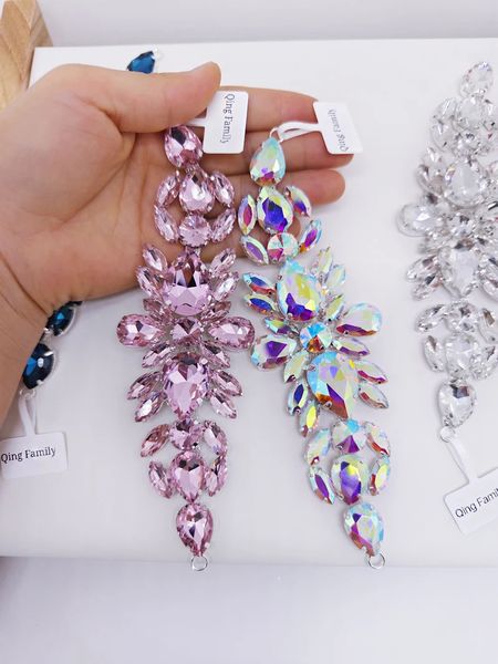 1pcs Crystal AB Sew On Applique with Glitter Flatback for DIY Wedding Dress Accessories, Waterdrop Design