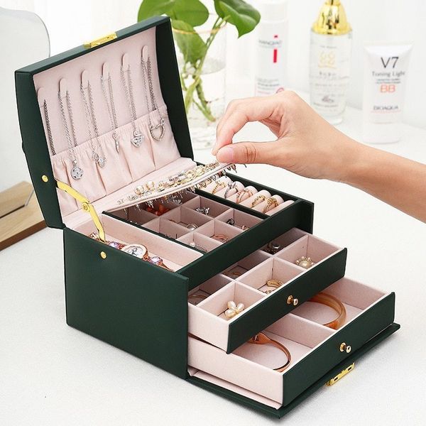 1pcs multi-functional three-tier leather drawer-style jewelry box with earring lock 230801