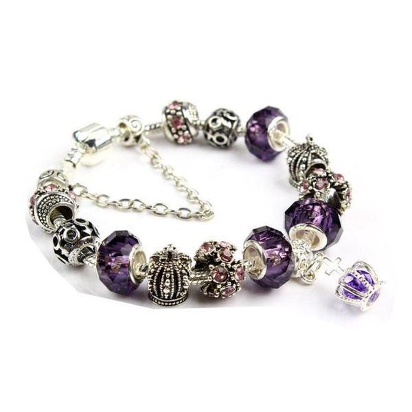 20 cm charm bracelet in 925 silver for women, featuring a royal crown design with purple crystal beads for DIY jewelry