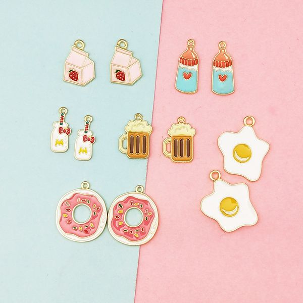 20 enamel food-themed charms for DIY jewelry like bracelets and earrings, featuring omelettes, milk bottles, donuts, beer cups, and oil drips