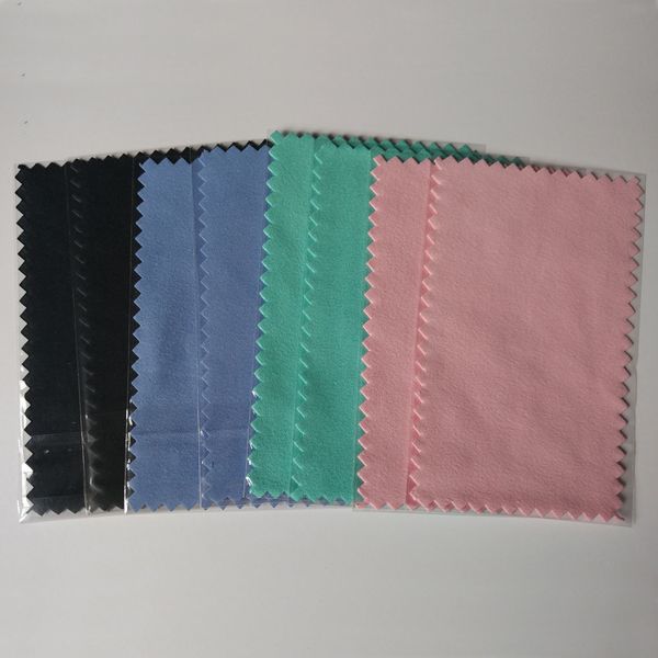 200 premium 11x7cm silver polishing cloths for jewelry cleaning in assorted colors like black, blue, pink, green, packed in OPP bags