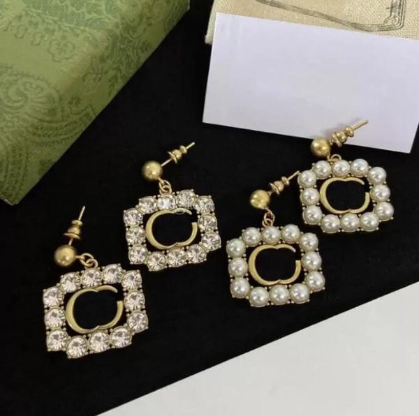 2023 Fashion Hoop Gold Diamond Pearl Dangle Earrings Women Luxury Designer Double Letters Crystal Studs Rhinestone Eardrops Embossed Stamp W
