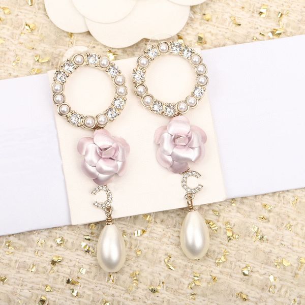 2024 luxury pink charm drop earrings with diamond and shell bead floral design, box stamped PS7961A