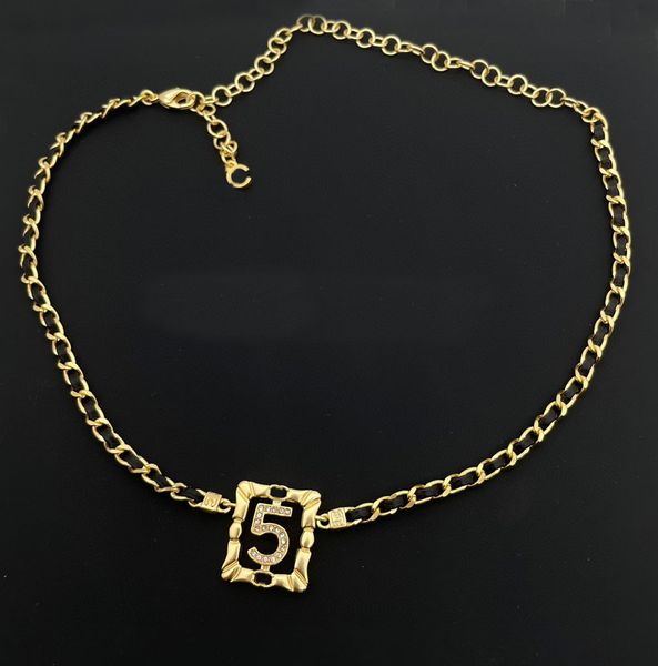 2024 luxury square pendant necklace with 5-word charm, black leather, 18k gold plated, stamped box PS6050