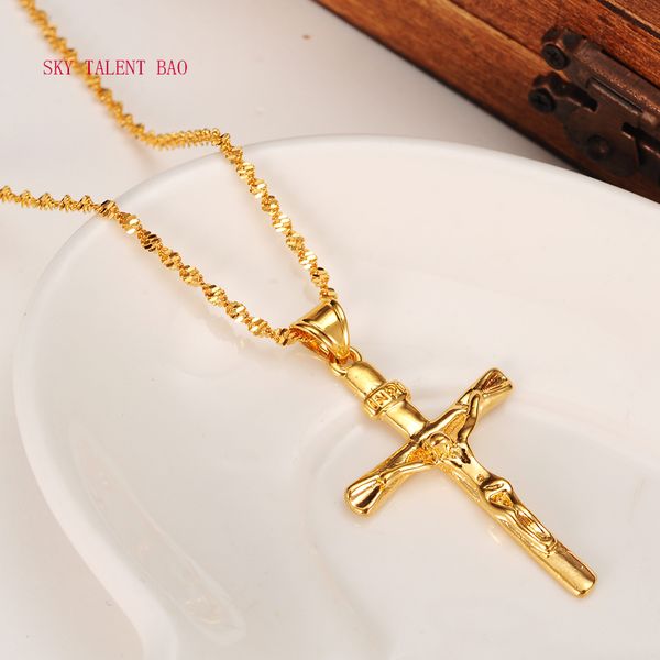 24k gold 2mm smooth chain necklace with cross pendant featuring INRI Jesus crucifix for men and women