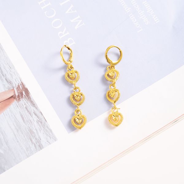 24K yellow gold heart-shaped dangle and chandelier earrings for women, stylish trendy jewelry perfect as a tall gift