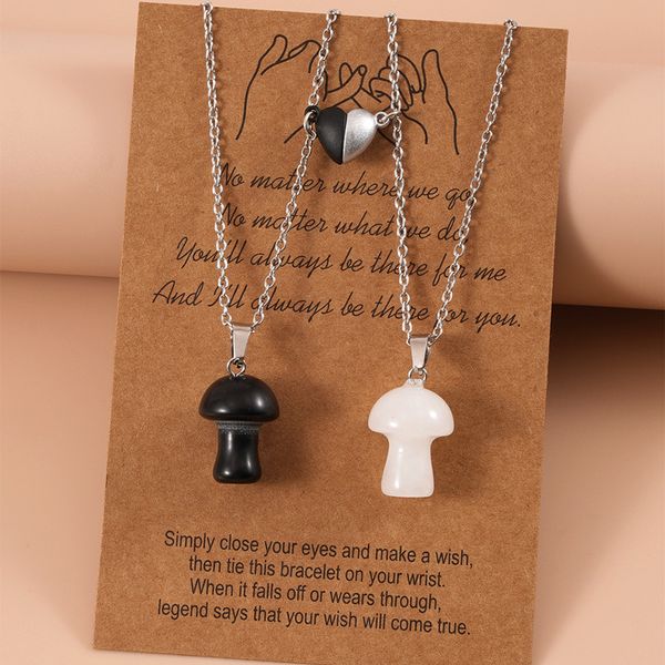 2CM Carved Mushroom Pendant with Reiki Healing Rose Quartz and Amethyst Magnetic Couple Necklace for Women