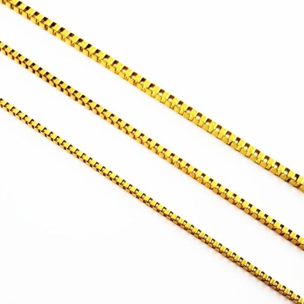 2mm, 2.4mm, and 3mm wide gold-tone stainless steel box chain necklaces for stylish men and women