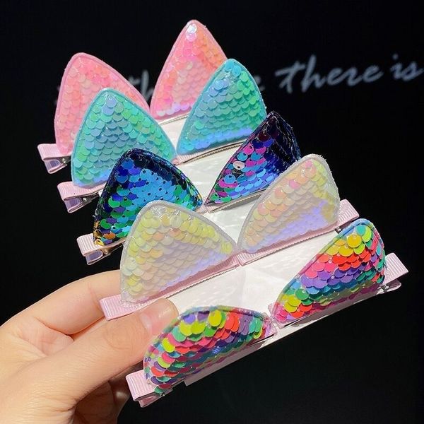 2-piece set of glittery sequin cat ear hair clips for girls, cute kawaii cosplay fairy hairpins, stylish party accessories