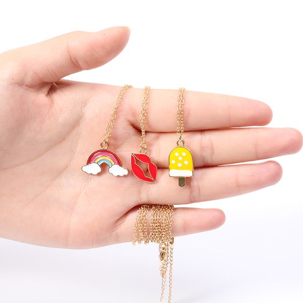 30 colorful cartoon enamel ice cream popsicle necklaces featuring rainbow bridge and cloud designs, including a red lip chain for women