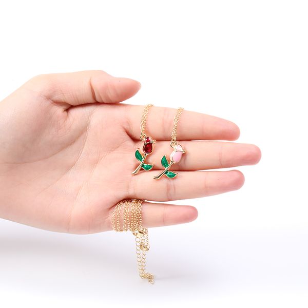 30 colorful cartoon-style rose flower pendant necklaces with green leaves, perfect as graduation gifts for women