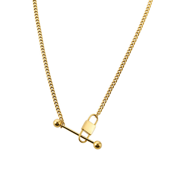 316L stainless steel pendant necklace with round rod lock, punk hip hop style in titanium gold finish, fade-resistant for women
