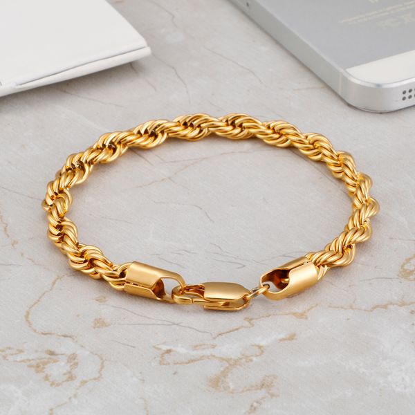 316L stainless steel rope chain bracelet with 18K gold plating for men and women, fade-resistant