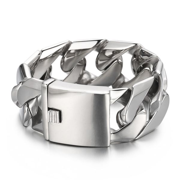 31mm thick substantial Miami Cuban link bracelet in polished stainless steel, unisex hip-hop street style jewelry