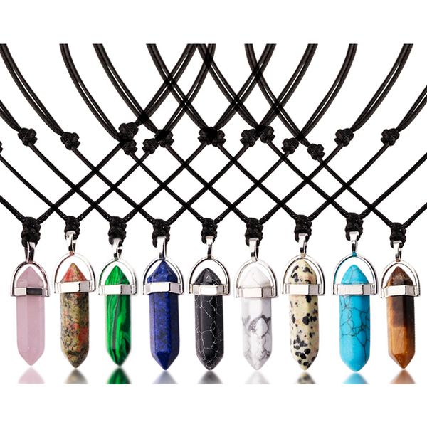 32 styles of natural crystal pendant necklaces featuring amethyst hexagonal stones with adjustable chains for fashionable men and women