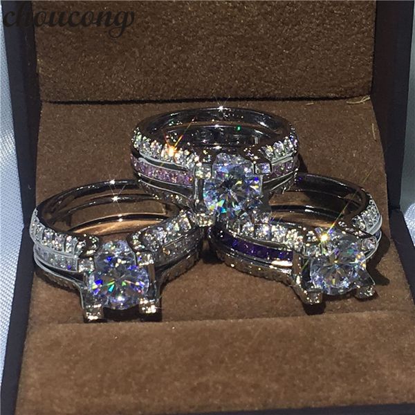 3-color 2-in-1 diamond ring set in white gold filled for engagement and wedding bands, suitable for both women and men