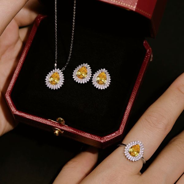 3pc women's designer jewelry set with diamond necklace, earrings, and ring in 925 silver with yellow zirconia snake pendant