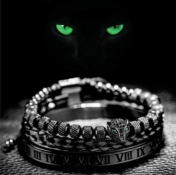 3pcs/set Classical Handmade Braiding Bracelet Hip Hop Men Pave CZ Leopard Head Roman Numeral Bracelet Stainless Steel Jewelry