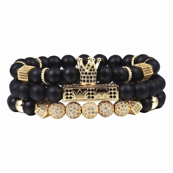 3pcs/set Men Women Beaded Bracelet with Royal Crown Charm, Natural Buddha Beads Bangle for Unisex Pulseras Masculina Y200730
