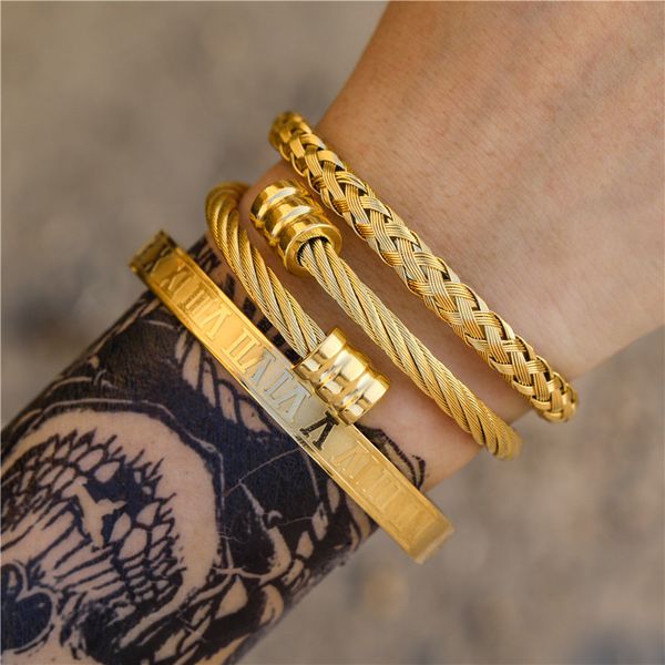 3-piece Roman numeral men's bracelets set with stainless steel, hemp rope, and buckle-open bangles in gold