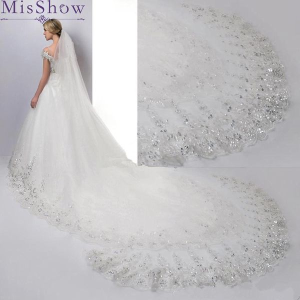 4-meter ivory/white bridal veil with lace edges, tulle fabric, sequins, and cathedral length for weddings, a stylish accessory (X0726)