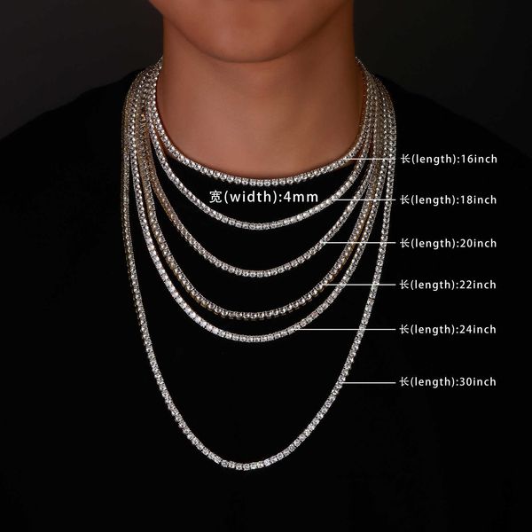 4mm 14-30 Inch Hip Hop Tennis Chain Necklaces with Full Diamond Prong Setting, Featuring Cubic Zirconia Stones for a Stylish Iced-Out Look