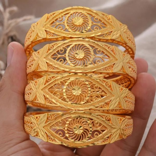 4-piece Islamic bangles set in 24k Dubai gold tone for women, Ethiopian bracelets, African and Saudi Arabian wedding jewelry and party gifts