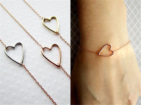 50PCS Fashion Tiny Simple Line Open Heart Chain Bracelets Hollow Out Wire Wrapped Love Heart Geometric Minimalist Women Couple Lovers Gold C