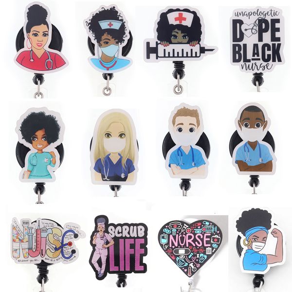 50-piece custom black girl nurse doctor acrylic key rings with retractable medical badge holders, ideal as gifts