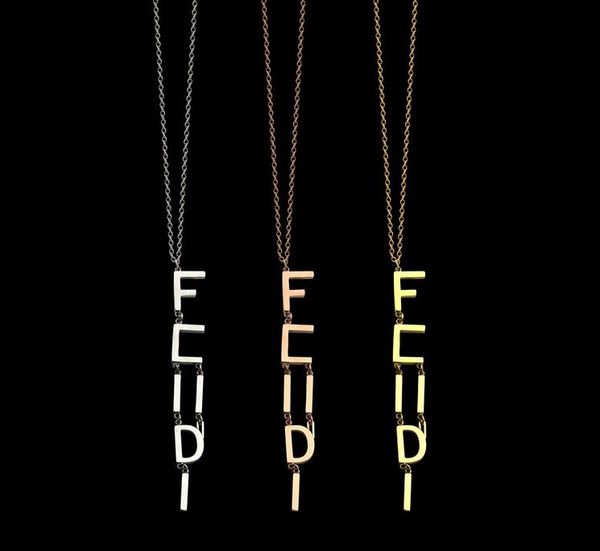 51cm pendant with 10cm chain, stylish F necklace, polished, engraved logo, stainless steel in gold, silver, rose for women and girls
