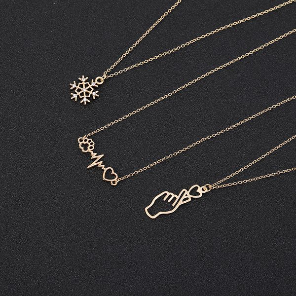 5pcs I Love You Sign Language Necklace with Dog Cat Paw Heartbeat Design, Snowflake Chain for Women