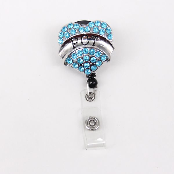 5pcs Key Rings Medical Sparkly Rhinestone Nurse Blue Heart Retractable PCT Badge Reel Holder For Gift