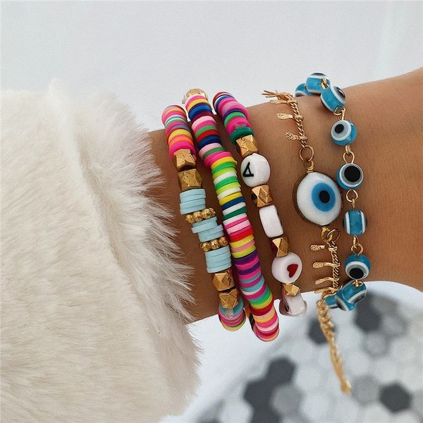 5-piece charm bracelet set in blue with rainbow letter beads for women's fashion jewelry