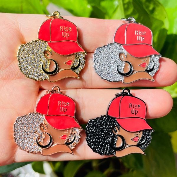 5-piece enamel micro pave charms featuring empowering Afro girl designs for bracelet and necklace crafting