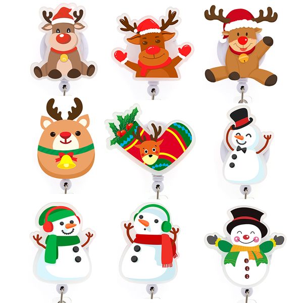 5-piece set of stylish Christmas key rings featuring snowman and deer designs, retractable acrylic badge holders ideal for students and nurses as gifts