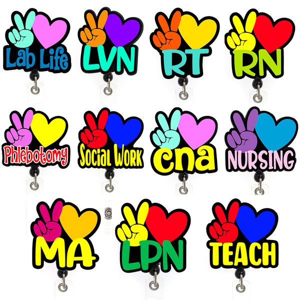 5-piece set of stylish key rings featuring peace and love designs, ideal for nurses, doctors, and healthcare professionals with retractable badge holders and alligator clips