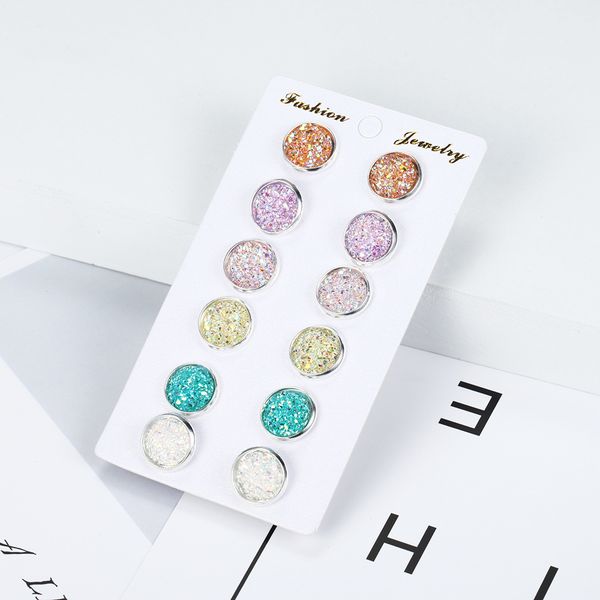 6 pairs of stylish women's shiny resin ear studs featuring round bling druzy stones, a cute earring set perfect as a 2019 fashion jewelry gift