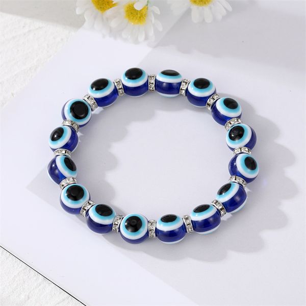 8mm 10mm blue evil eye bracelet from Turkey, handmade with resin beads on an elastic bangle for women