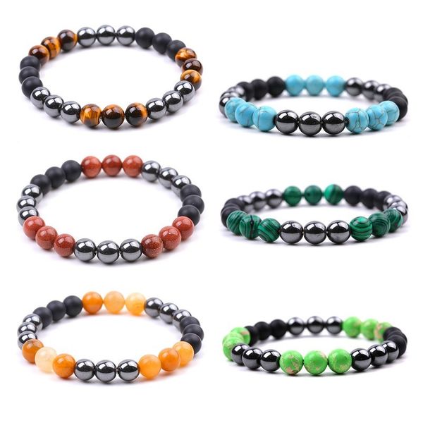 8mm Black Hematite and Natural Tiger Eye Stone Malachite Kallaite Beaded Bracelet for Women's Yoga Jewelry