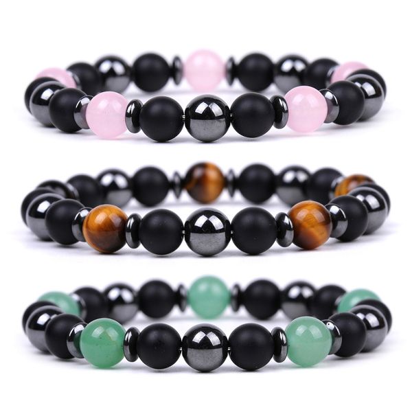 8mm black matte hematite and natural tiger eye beads bracelet with rose quartz, a stylish yoga jewelry piece for women and men
