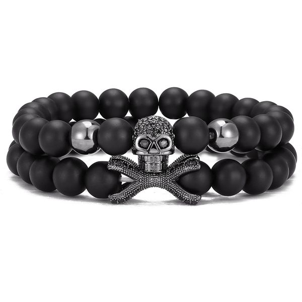 8MM Black Natural Stone Strands Bracelets CZ Micro Pave Skull Charm Bracelet 2PCS/Set