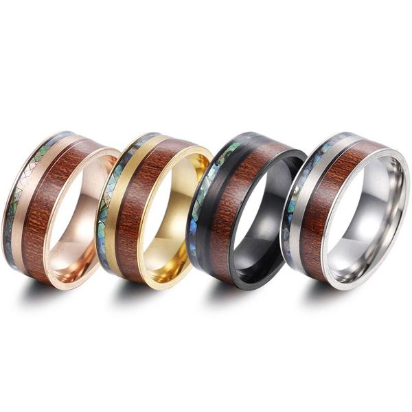 8MM men's and women's abalone shell wood inlay stainless steel wedding rings for anniversary jewelry