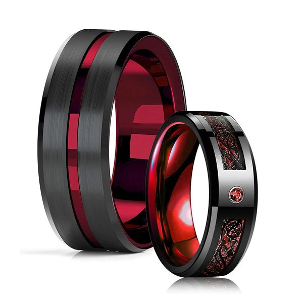 8mm red grooved stainless steel Celtic dragon wedding ring for men with zircon inlay and carbon fiber detailing